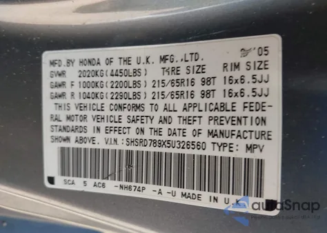 2005 Honda Cr-V Se из США, поврежденный, VIN SHSRD789X5U326560